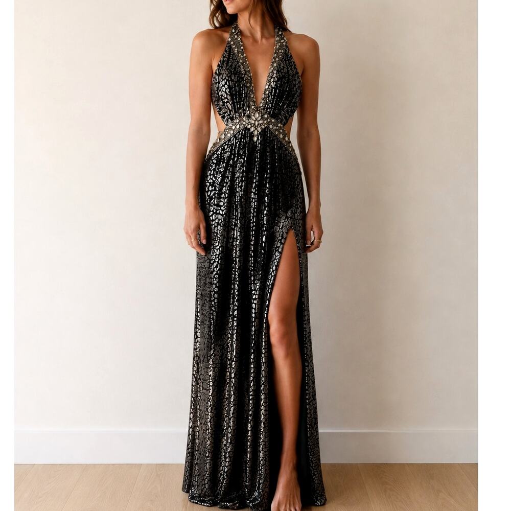 Elegant Black Sequin Halter Prom Dress with Side Slit